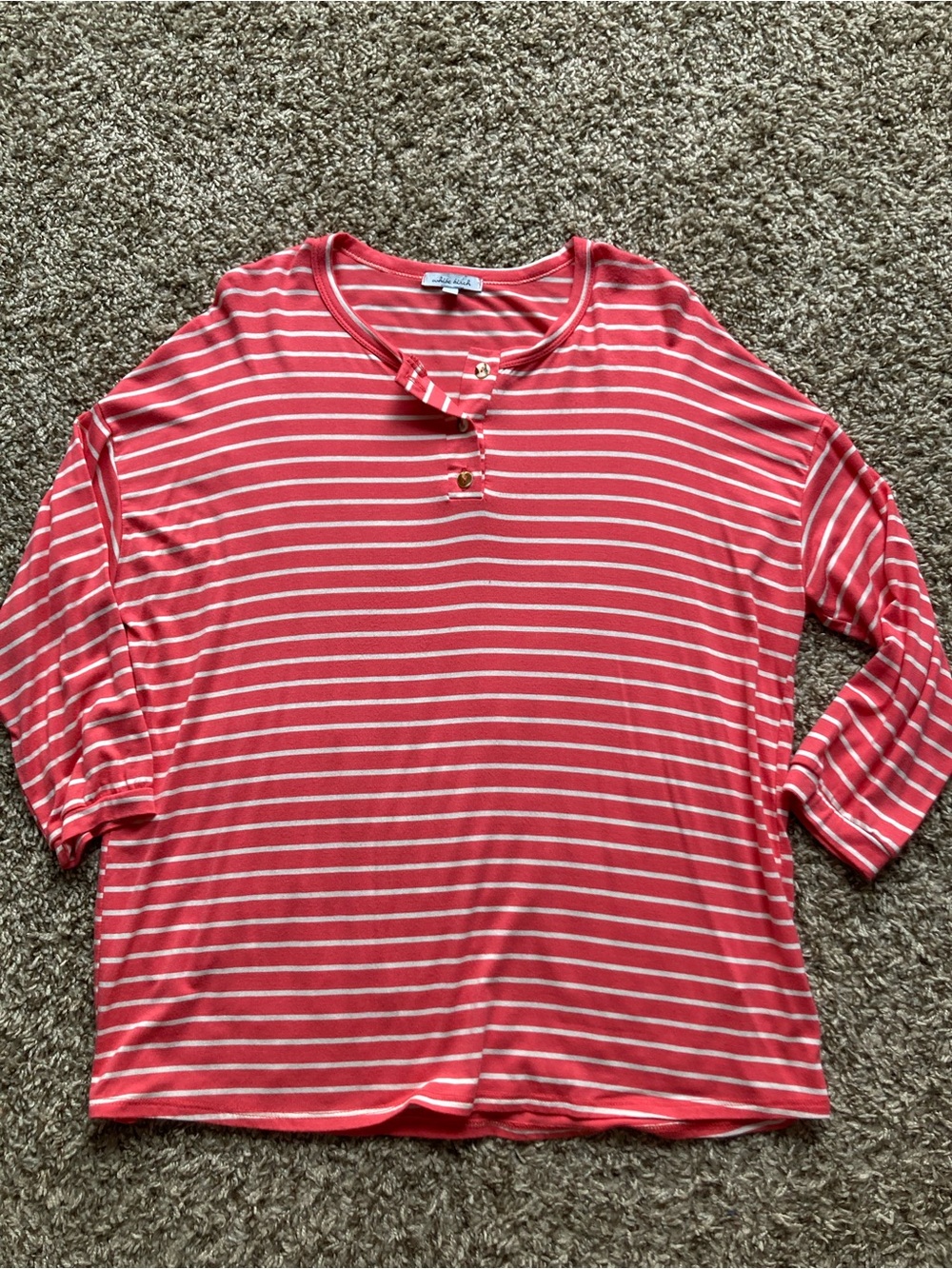 white birch Coral and White Striped Henley Long Sleeve Top